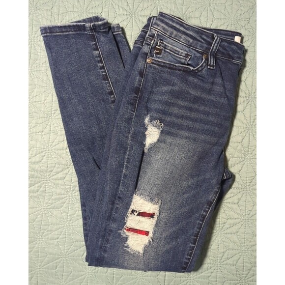KanCan Jeans Women’s Size 9/28 Skinny Blue Distressed Denim Red Plaid Cotton - Picture 2 of 12